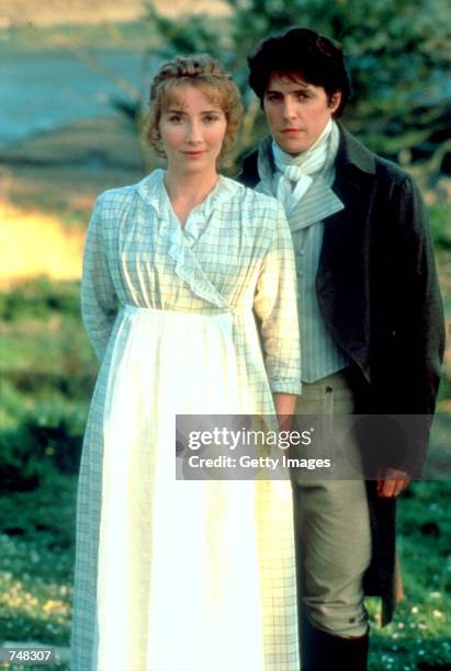 Emma Thompson and Hugh Grant on the set of film "Sense and Sensibility", in Great Britain on .