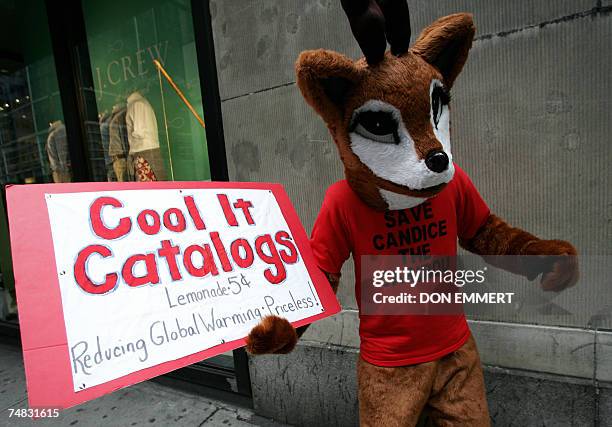 New York, UNITED STATES: "Candace the Caribou" holds a sign urging retailers to slow down on their catalog advertising 20 June, 2007 outside of a...