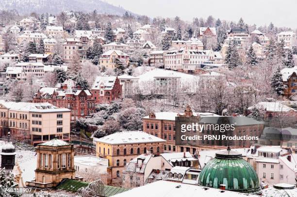 snow in cityscape, baden baden, baden-wurttemberg, germany - baden baden stock pictures, royalty-free photos & images