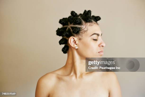 profile of mixed race woman with eyes closed - beautiful woman chest fotografías e imágenes de stock