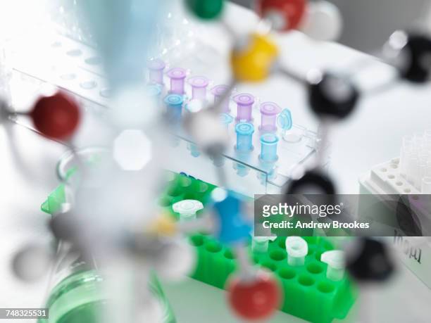 view through molecular model onto eppendorf tubes which are being used to test a sample in the laboratory - eppendorf tube stock pictures, royalty-free photos & images