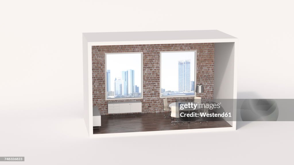 Model of a an urban board room with view of a skyline