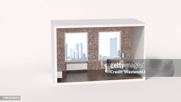 illustrations, cliparts, dessins animés et icônes de model of a an urban board room with view of a skyline - maison miniature
