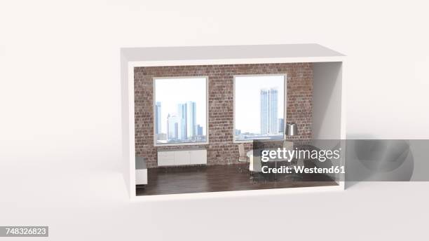 ilustrações, clipart, desenhos animados e ícones de model of a an urban board room with view of a skyline - casa de boneca