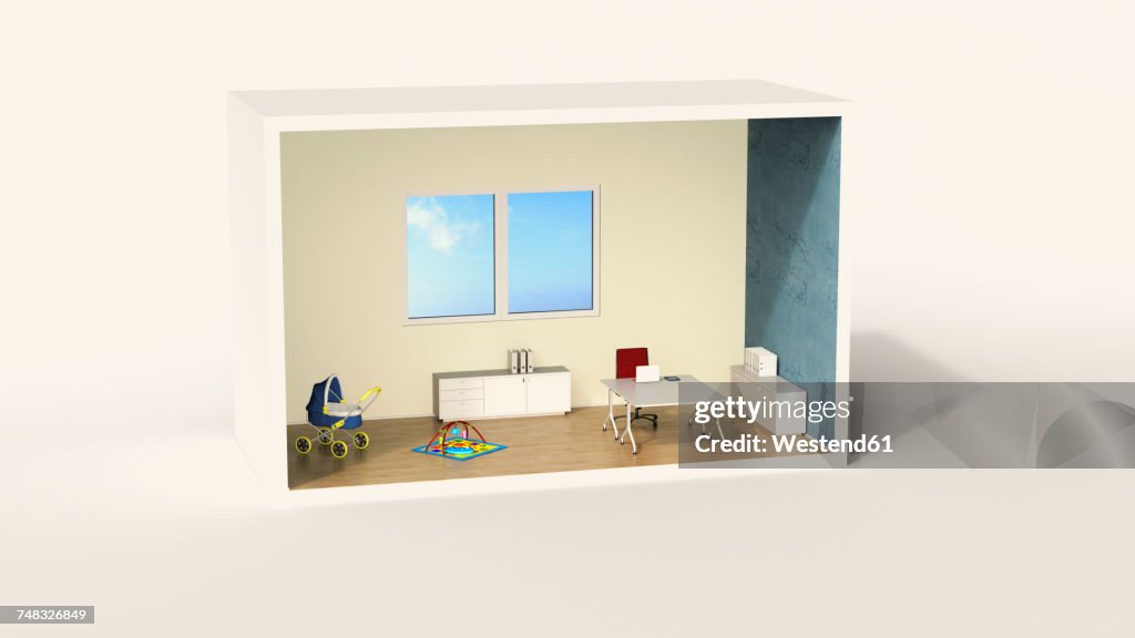 Model of a home office with child's play corner