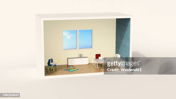 stockillustraties, clipart, cartoons en iconen met model of a home office with child's play corner - kinderkoets