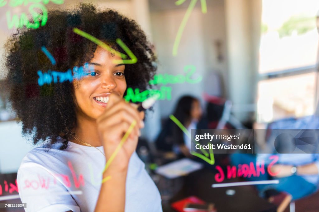 Businesswoman writing on glass wall