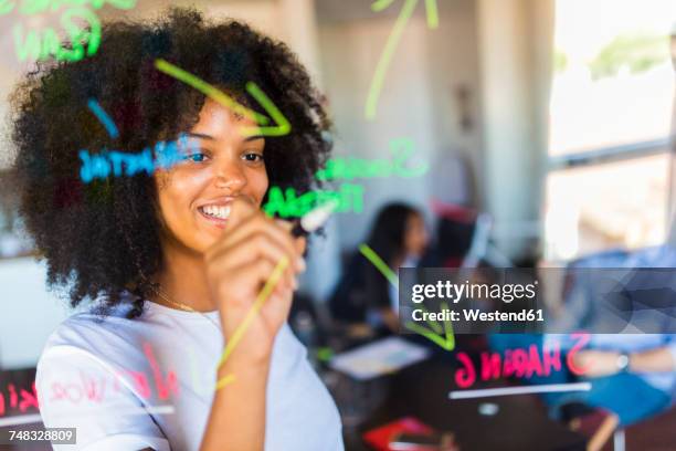 businesswoman writing on glass wall - founders stockfoto's en -beelden