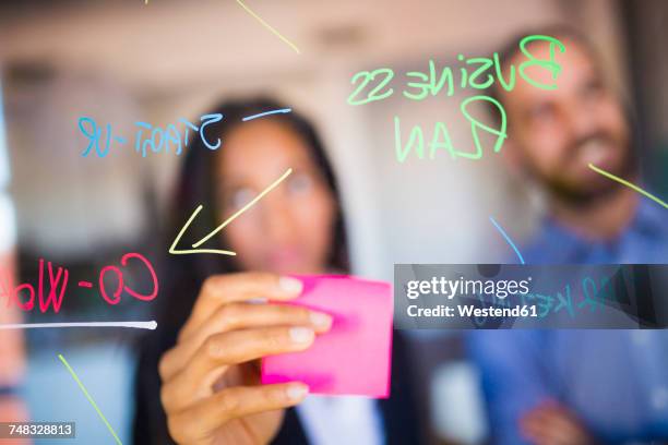 businessman and businesswoman brainstorming in office - mindmap stock-fotos und bilder