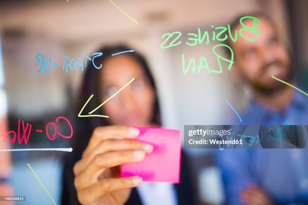 Businessman and businesswoman brainstorming in office