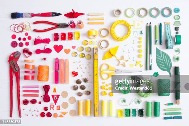 tools, craft and painting materials on white ground - gardening equipment foto e immagini stock