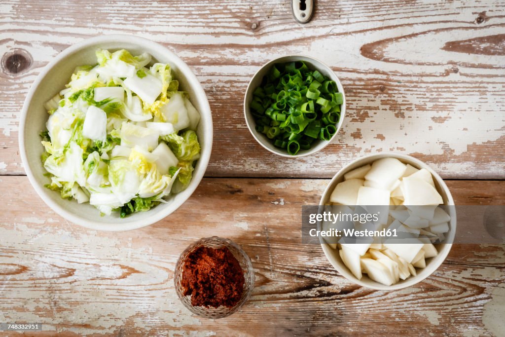 Ingredients for Korean kimchi, Chinese cabbage, radish, spring onions and paprica