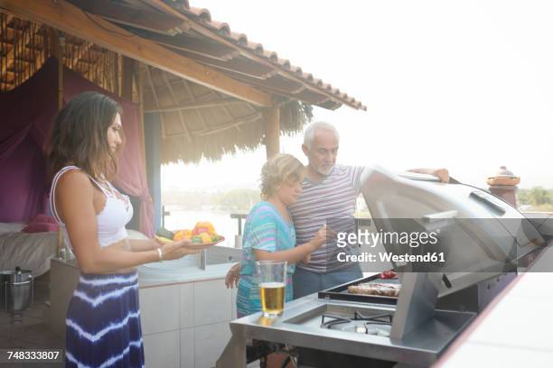 family barbecue with older man, young woman and girl on a penthouse terrace - penthouse girl fotografías e imágenes de stock