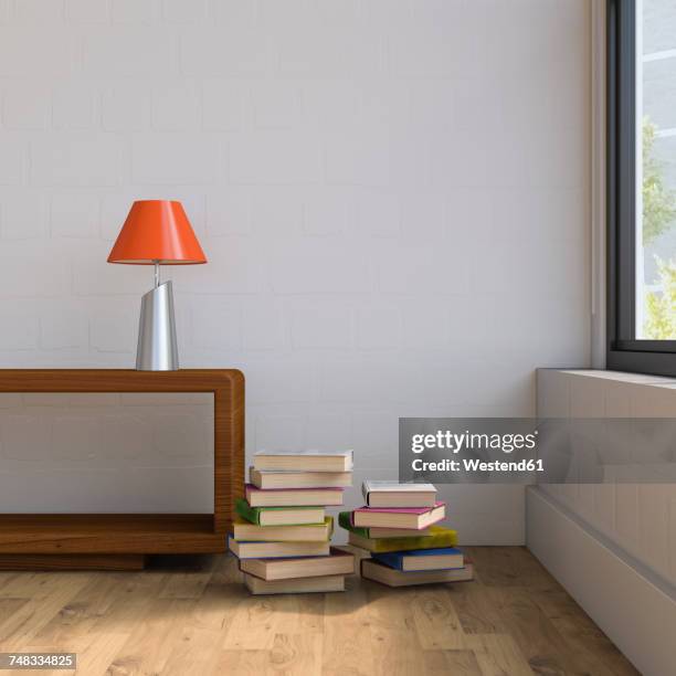 vintage sideboard with table lamp and stack of books - elektrische lampe stock-grafiken, -clipart, -cartoons und -symbole