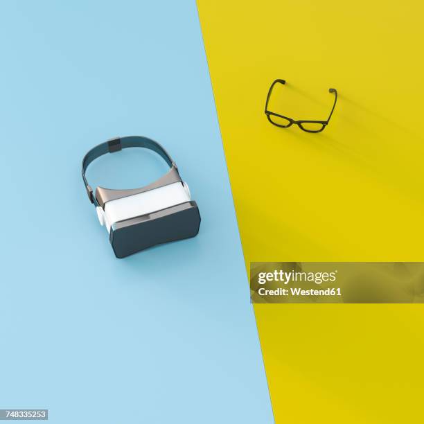 vr glasses next to common glasses, 3d rendering - 3d brille stock-grafiken, -clipart, -cartoons und -symbole