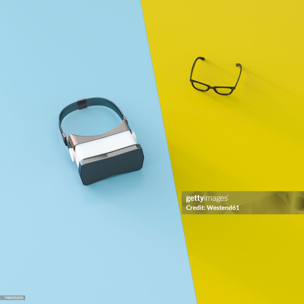 VR glasses next to common glasses, 3d rendering