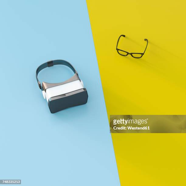 vr glasses next to common glasses, 3d rendering - virtual reality stock illustrations