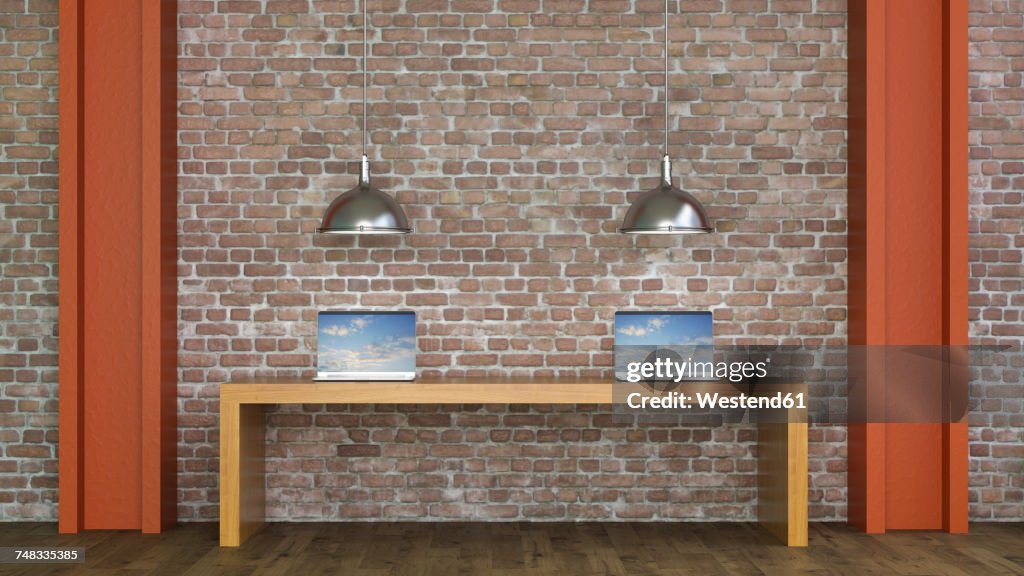Laptops on table under lamps, 3d rendering