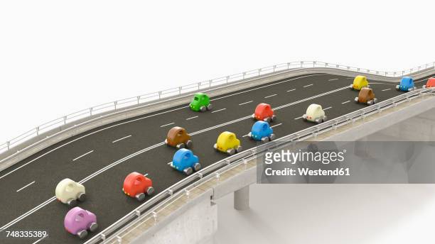 toy cars on motorway, 3d rendering - spielzeugauto stock-grafiken, -clipart, -cartoons und -symbole