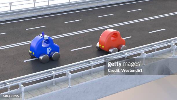 toy police car stopping car on motorway, 3d rendering - spielzeugauto stock-grafiken, -clipart, -cartoons und -symbole