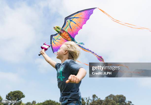 boy flying kite - vlieger stockfoto's en -beelden