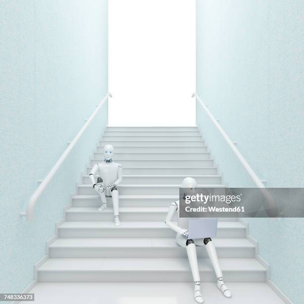 robot sitting on stairs using laptop, 3d rendering - using laptop front view stock illustrations