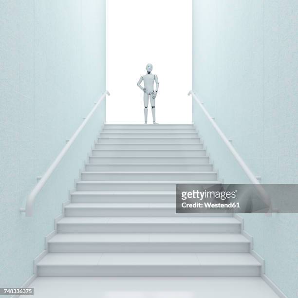 robot standing on top of stairs, 3d rendering - stairs stock illustrations