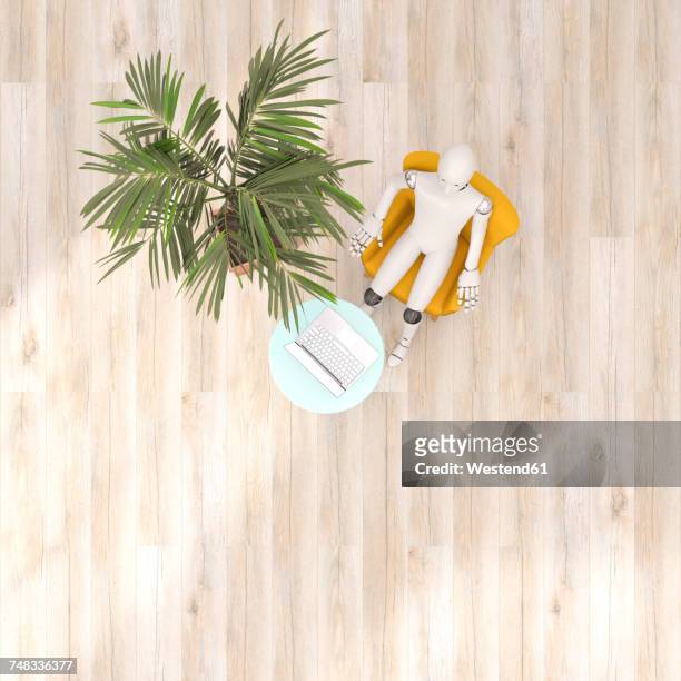 robot using laptop under palm tree, 3d rendering - virtual vacations stock illustrations