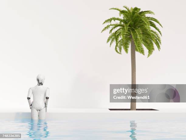 robot getting out of swimming pool, 3d rendering - climbing out of swimming pool stock illustrations