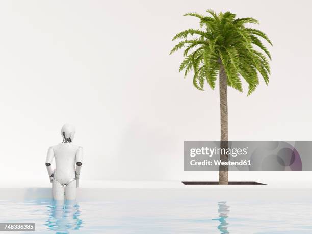 robot getting out of swimming pool, 3d rendering - disembarking stock illustrations