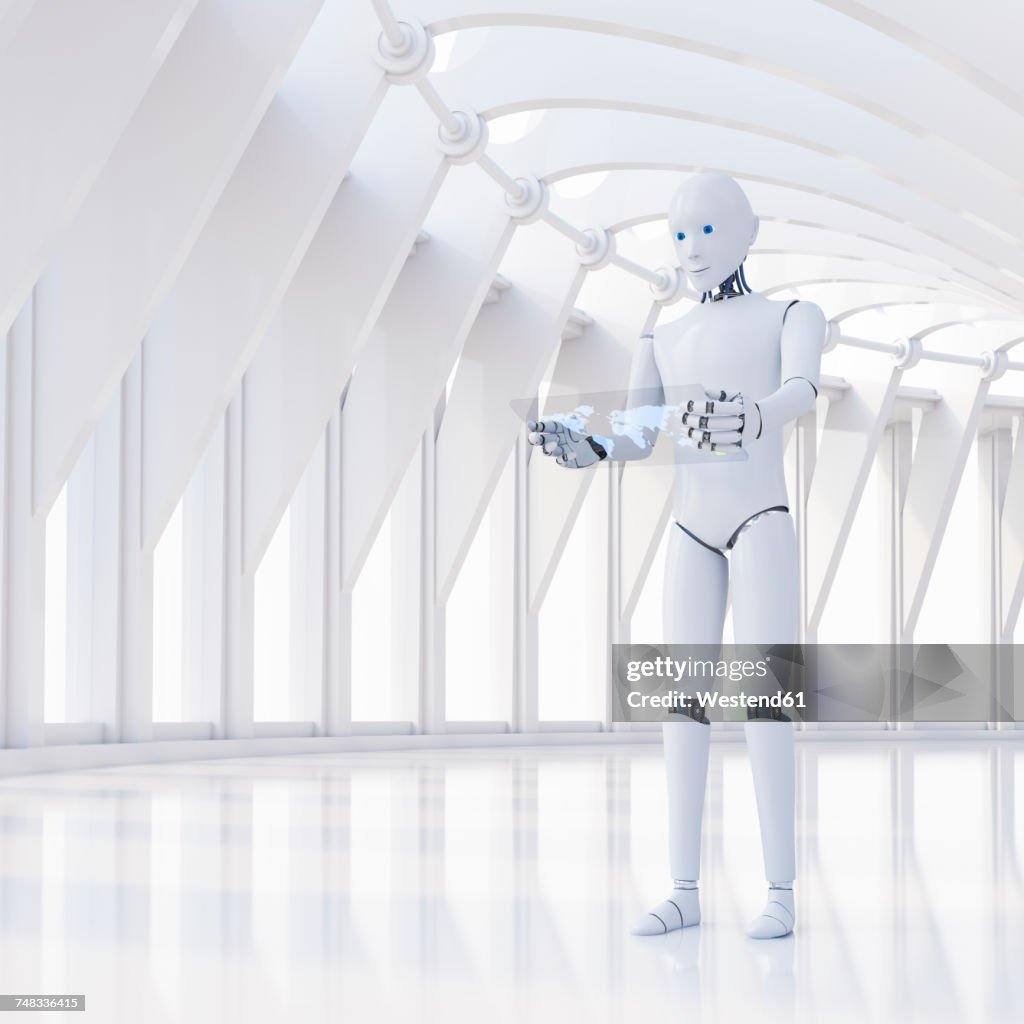 Robot using futuristic tablet, 3d rendering