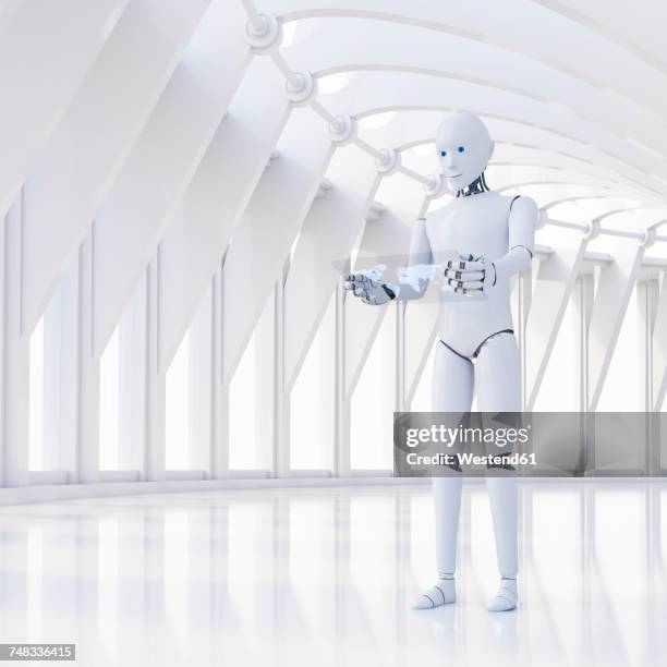 robot using futuristic tablet, 3d rendering - bot stock illustrations