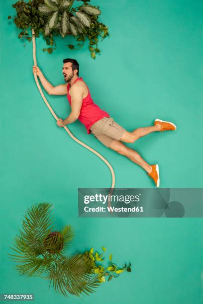 man swinging on a liana through the jungle - tarzan imagens e fotografias de stock