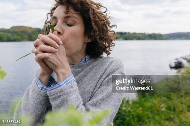 woman at lake blowing grass blade - blades of grass stock-fotos und bilder