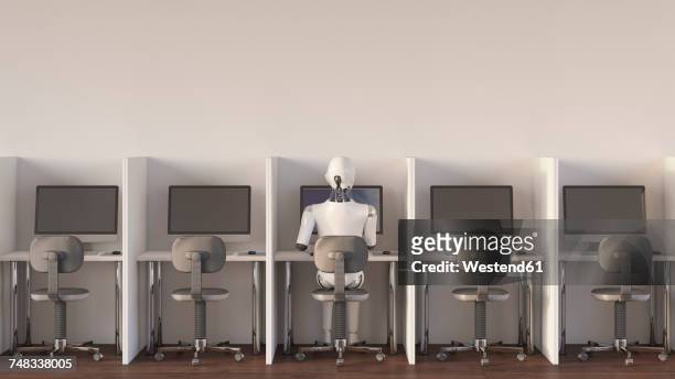 ilustraciones, imágenes clip art, dibujos animados e iconos de stock de robot sitting in office, working alone - reemplazo