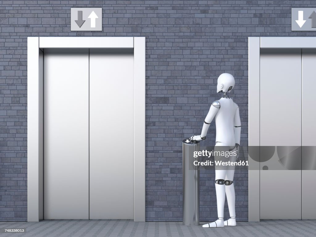 Robot standing in front of elevator