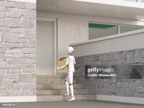 robot delivering cardboard box to door step - ordering stock illustrations