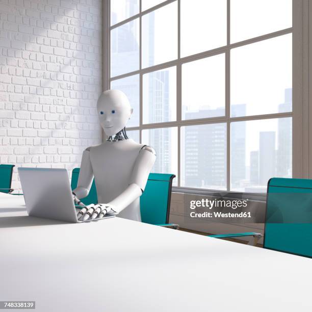 robot sitting sitting at conference table, using laptop - substitute player stock illustrations