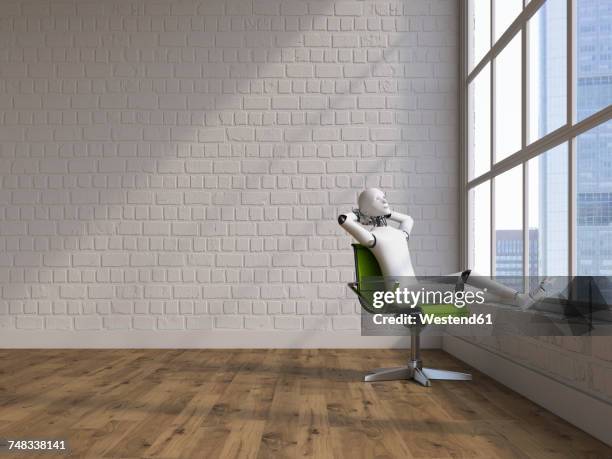 robot sitting on swivel chair, looking out of window - substitute player stock illustrations