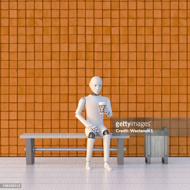 robot sitting on bench at platform, drinking coffee - station stock illustrations