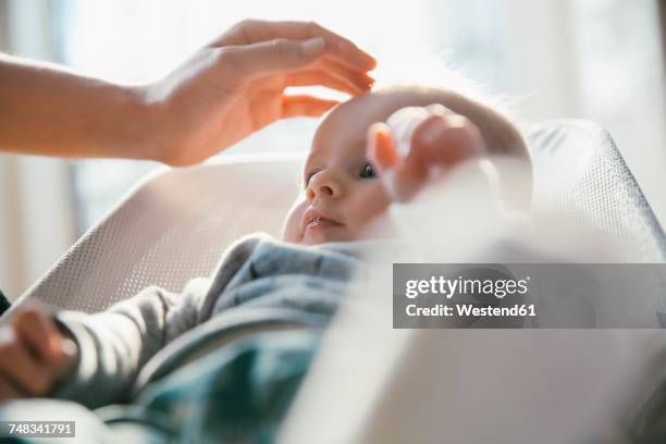woman's hand touching baby's forehead - stirn stock-fotos und bilder