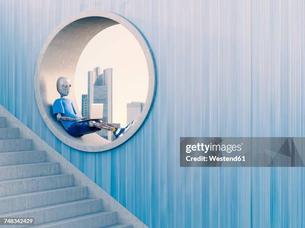 robot sitting in round window using laptop, 3d rendering - steps and staircases stock illustrations