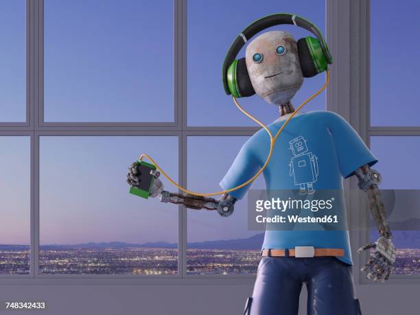 ilustrações de stock, clip art, desenhos animados e ícones de robot listening to music with headphones, 3d rendering - music stock illustrations