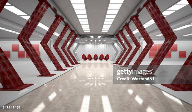 futuristic room with five red swivel chairs, 3d rendering - skylight stock illustrations