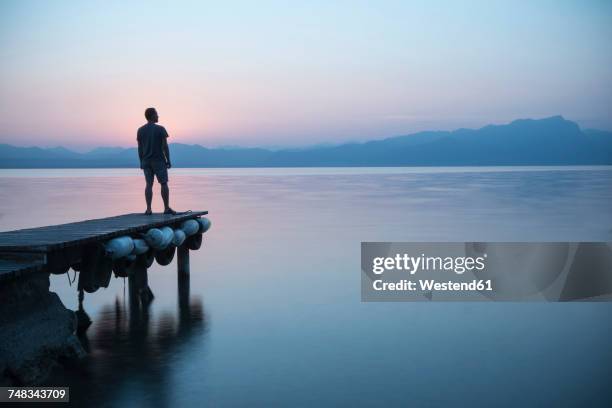 italy, lazise, man standing on jetty looking at lake garda - prier stock-fotos und bilder