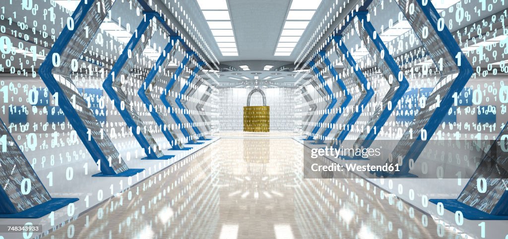 Futuristic digital room with padlock and binary code, 3d illustration