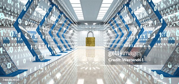 Futuristic Digital Room With Padlock And Binary Code 3d Illustration ...