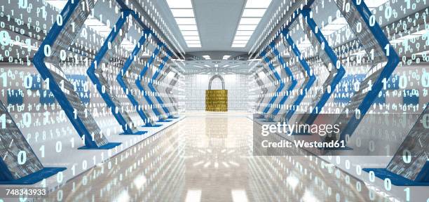 futuristic digital room with padlock and binary code, 3d illustration - bike lock stock illustrations