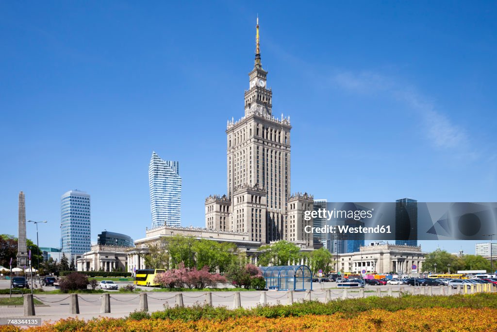Poland, Warsaw, downtown skyline with Palace of Culture and Science