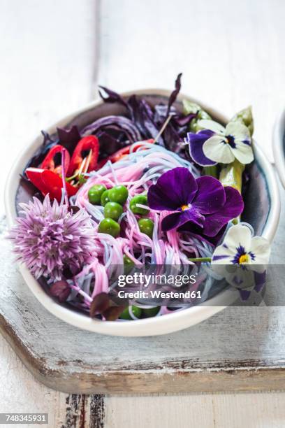 vegan unicorn noodles, edible flowers, red cabbage, asparagus, peas, chili and sprouts - cabbage flower stock pictures, royalty-free photos & images